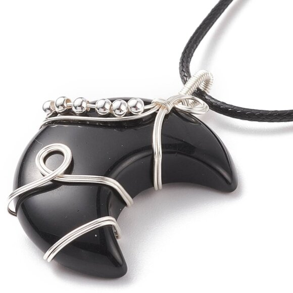NWOT  Beautiful Handmade Wire wrap Natural Obsidian Gemstone Moon Necklace - Picture 1 of 7
